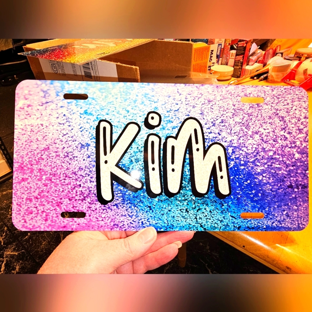 "Kim" Pink, Blue, and Purple Glitter Personalized License Plate 🩷🩵💜